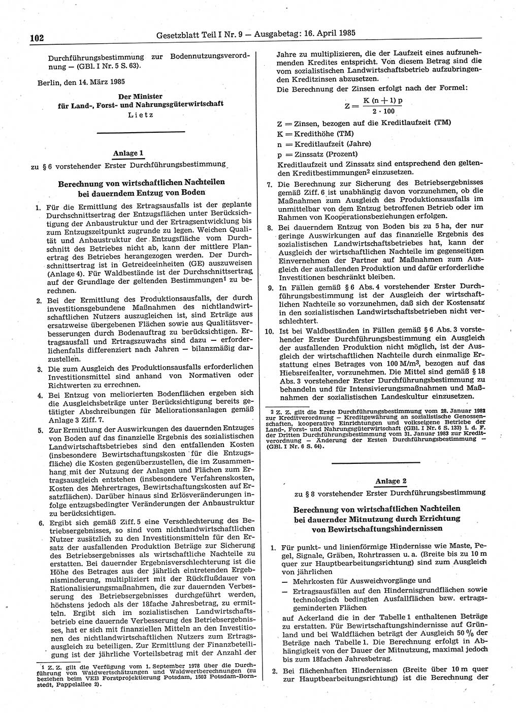 Gesetzblatt (GBl.) der Deutschen Demokratischen Republik (DDR) Teil Ⅰ 1985, Seite 102 (GBl. DDR Ⅰ 1985, S. 102)