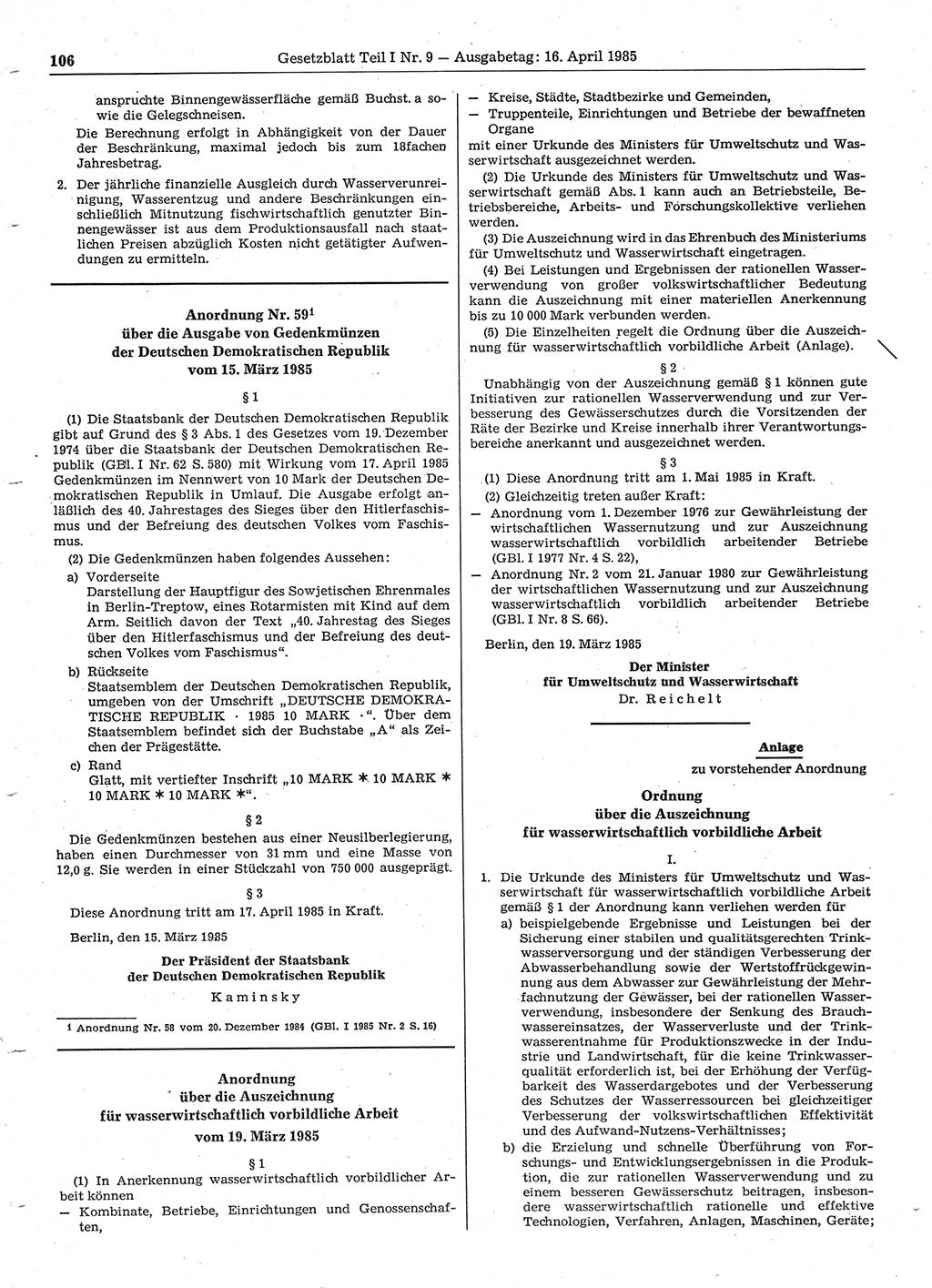 Gesetzblatt (GBl.) der Deutschen Demokratischen Republik (DDR) Teil Ⅰ 1985, Seite 106 (GBl. DDR Ⅰ 1985, S. 106)
