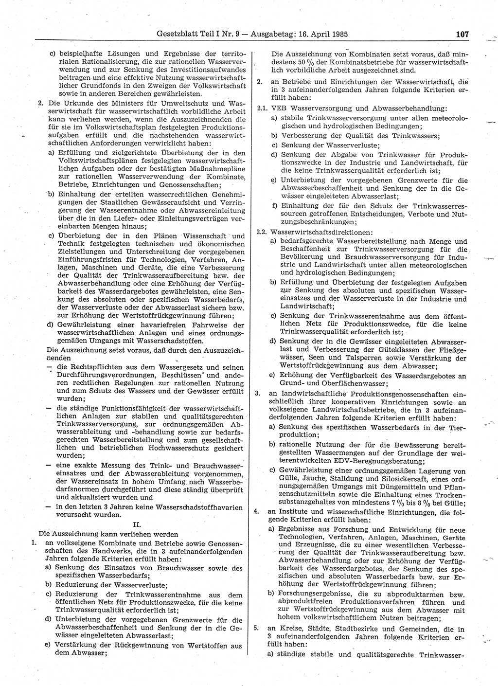 Gesetzblatt (GBl.) der Deutschen Demokratischen Republik (DDR) Teil Ⅰ 1985, Seite 107 (GBl. DDR Ⅰ 1985, S. 107)