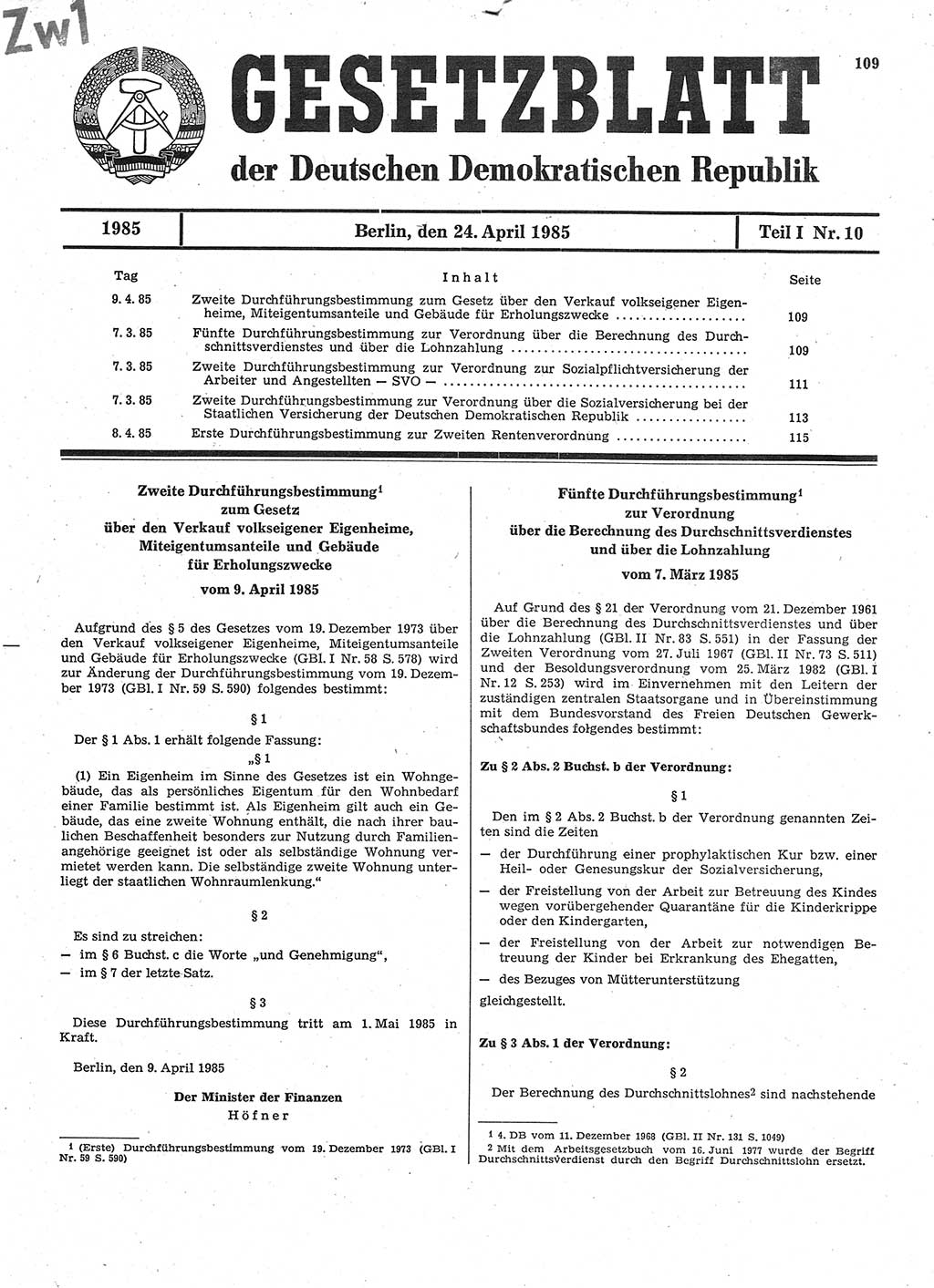 Gesetzblatt (GBl.) der Deutschen Demokratischen Republik (DDR) Teil Ⅰ 1985, Seite 109 (GBl. DDR Ⅰ 1985, S. 109)
