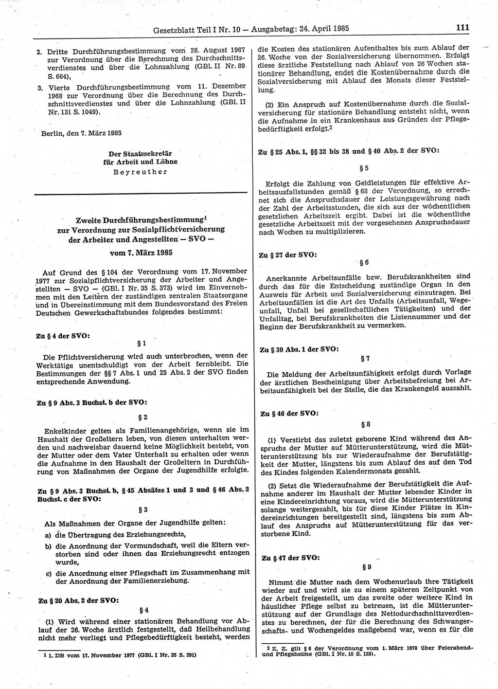 Gesetzblatt (GBl.) der Deutschen Demokratischen Republik (DDR) Teil Ⅰ 1985, Seite 111 (GBl. DDR Ⅰ 1985, S. 111)