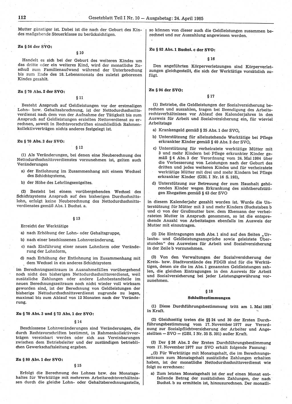 Gesetzblatt (GBl.) der Deutschen Demokratischen Republik (DDR) Teil Ⅰ 1985, Seite 112 (GBl. DDR Ⅰ 1985, S. 112)