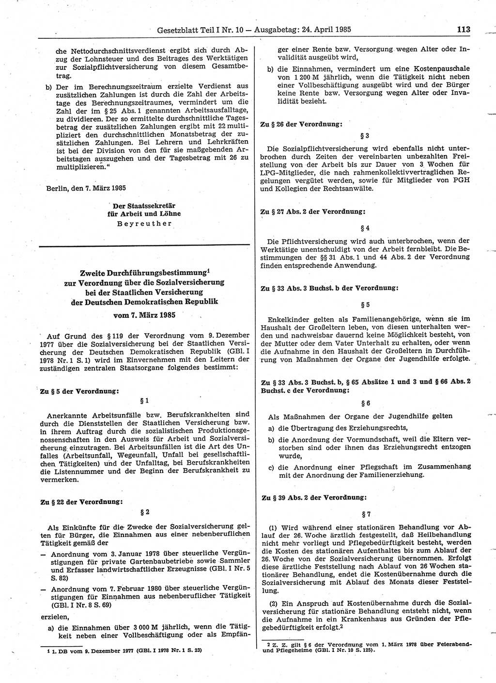 Gesetzblatt (GBl.) der Deutschen Demokratischen Republik (DDR) Teil Ⅰ 1985, Seite 113 (GBl. DDR Ⅰ 1985, S. 113)
