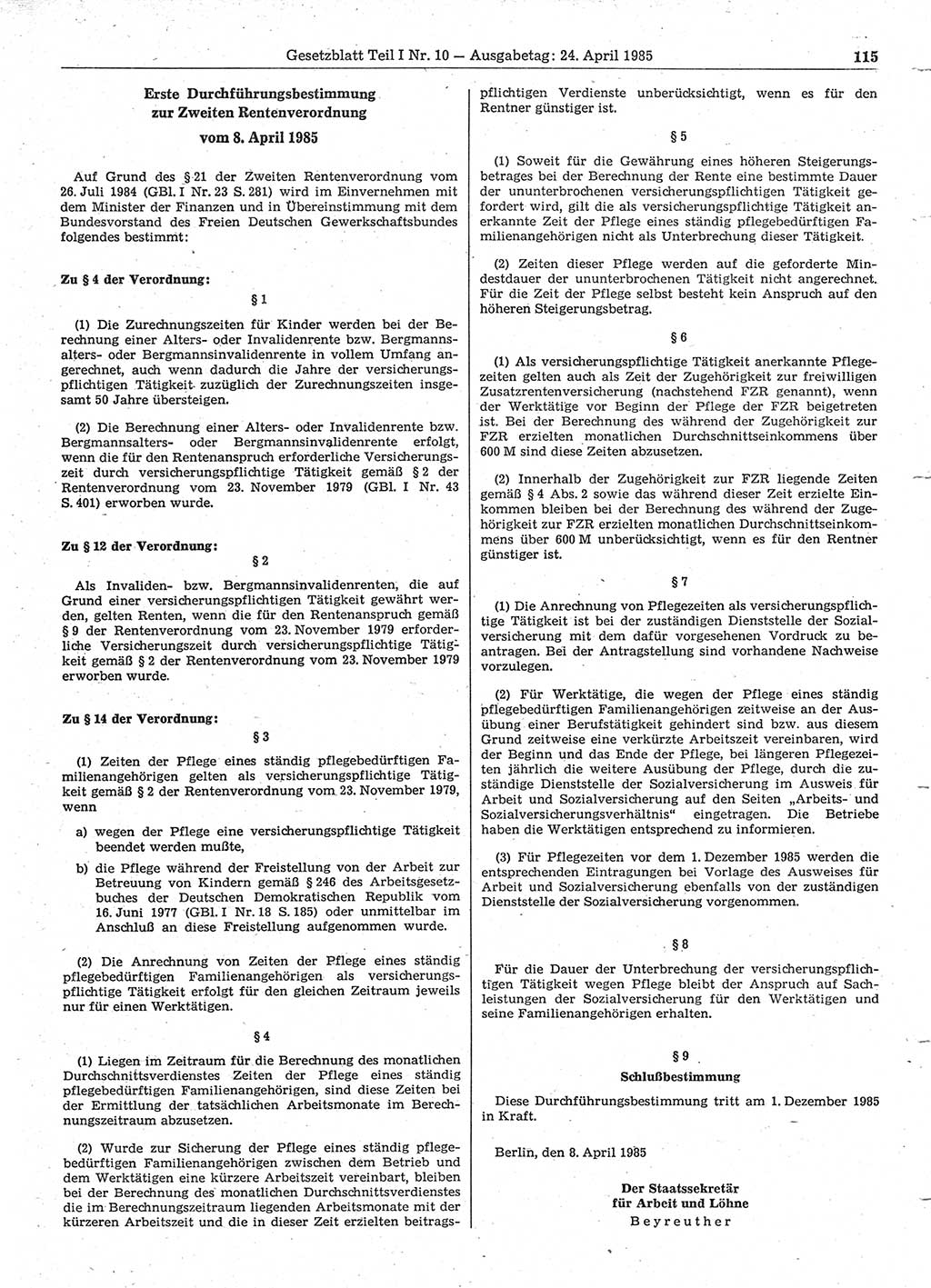 Gesetzblatt (GBl.) der Deutschen Demokratischen Republik (DDR) Teil Ⅰ 1985, Seite 115 (GBl. DDR Ⅰ 1985, S. 115)