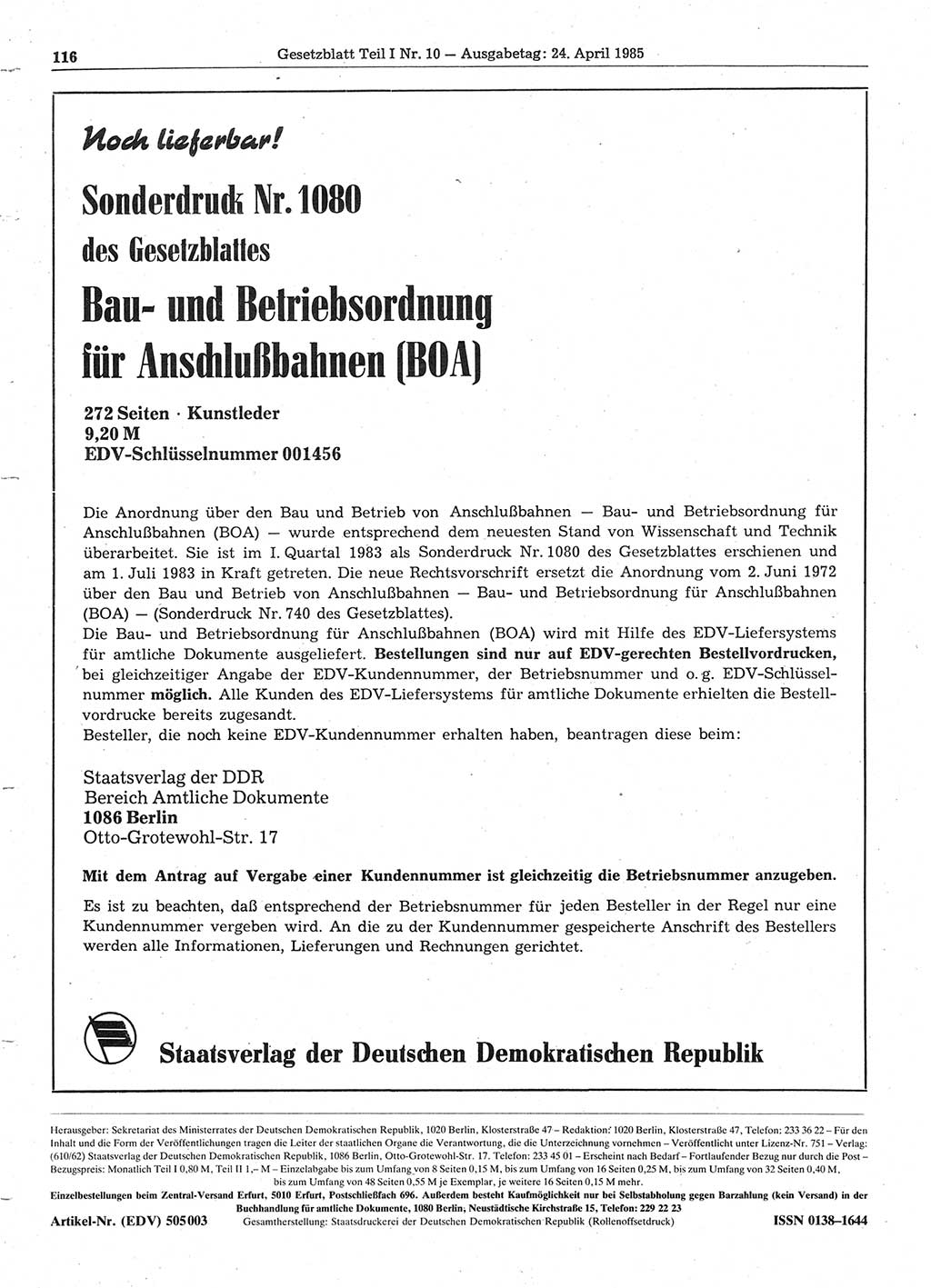 Gesetzblatt (GBl.) der Deutschen Demokratischen Republik (DDR) Teil Ⅰ 1985, Seite 116 (GBl. DDR Ⅰ 1985, S. 116)