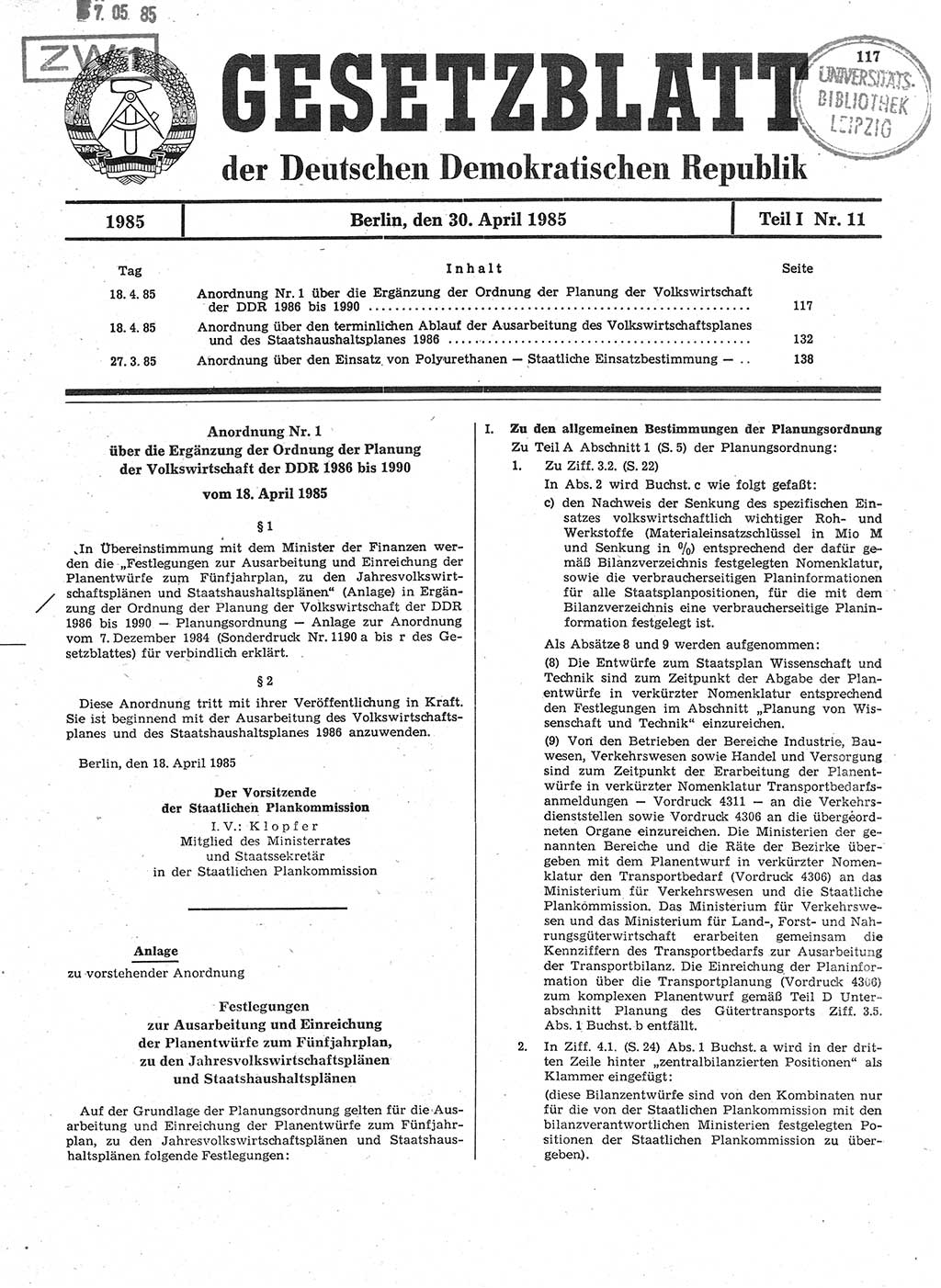 Gesetzblatt (GBl.) der Deutschen Demokratischen Republik (DDR) Teil Ⅰ 1985, Seite 117 (GBl. DDR Ⅰ 1985, S. 117)