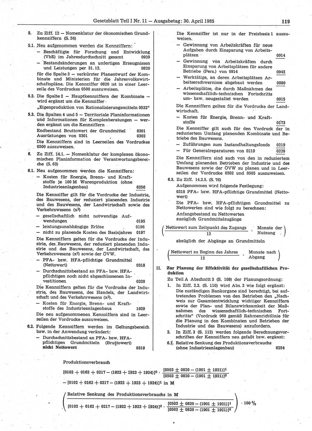 Gesetzblatt (GBl.) der Deutschen Demokratischen Republik (DDR) Teil Ⅰ 1985, Seite 119 (GBl. DDR Ⅰ 1985, S. 119)