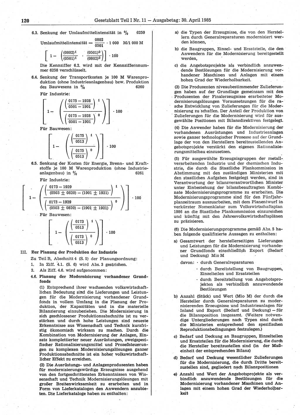 Gesetzblatt (GBl.) der Deutschen Demokratischen Republik (DDR) Teil Ⅰ 1985, Seite 120 (GBl. DDR Ⅰ 1985, S. 120)