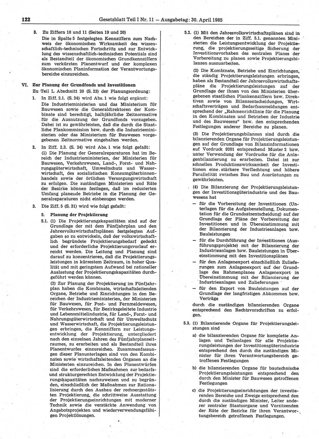 Gesetzblatt (GBl.) der Deutschen Demokratischen Republik (DDR) Teil Ⅰ 1985, Seite 122 (GBl. DDR Ⅰ 1985, S. 122)