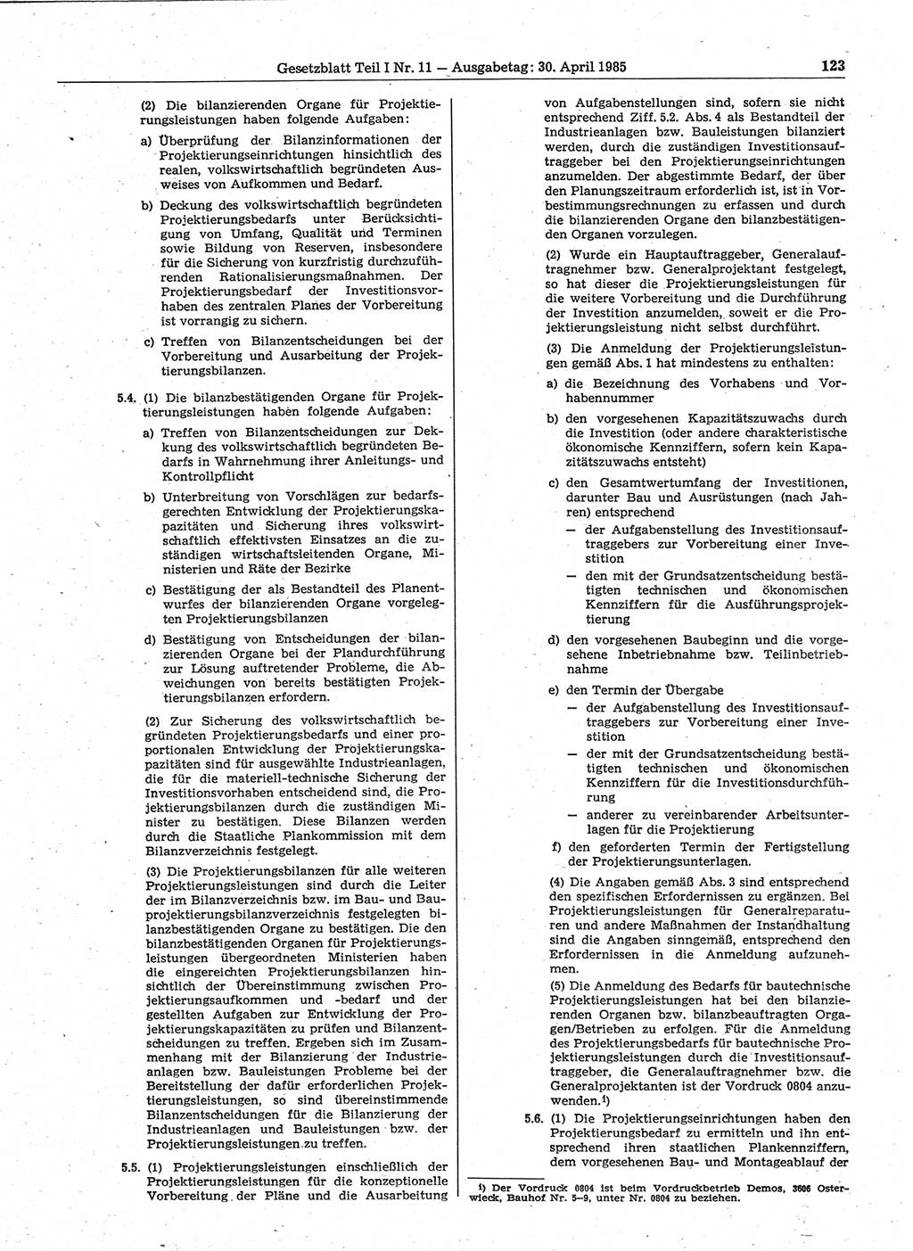 Gesetzblatt (GBl.) der Deutschen Demokratischen Republik (DDR) Teil Ⅰ 1985, Seite 123 (GBl. DDR Ⅰ 1985, S. 123)