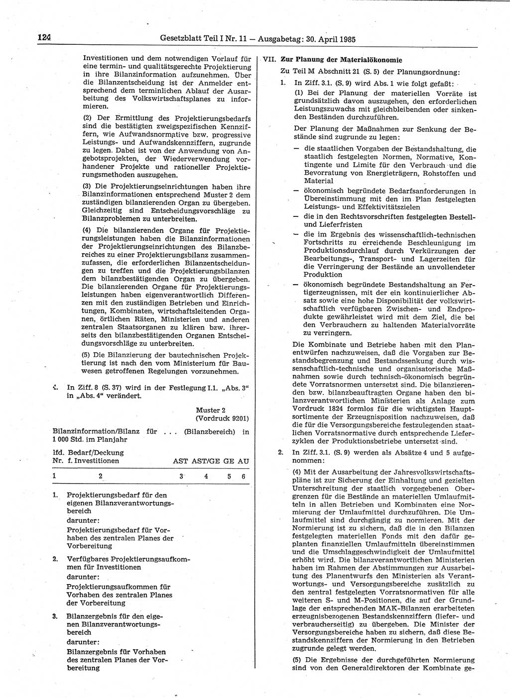 Gesetzblatt (GBl.) der Deutschen Demokratischen Republik (DDR) Teil Ⅰ 1985, Seite 124 (GBl. DDR Ⅰ 1985, S. 124)