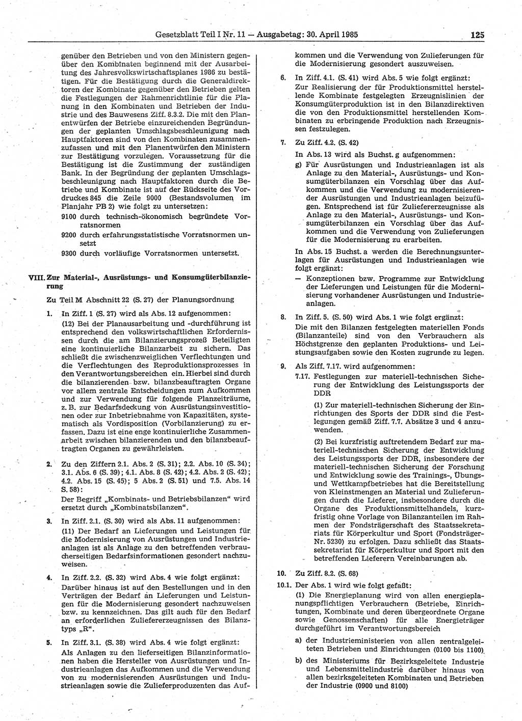 Gesetzblatt (GBl.) der Deutschen Demokratischen Republik (DDR) Teil Ⅰ 1985, Seite 125 (GBl. DDR Ⅰ 1985, S. 125)