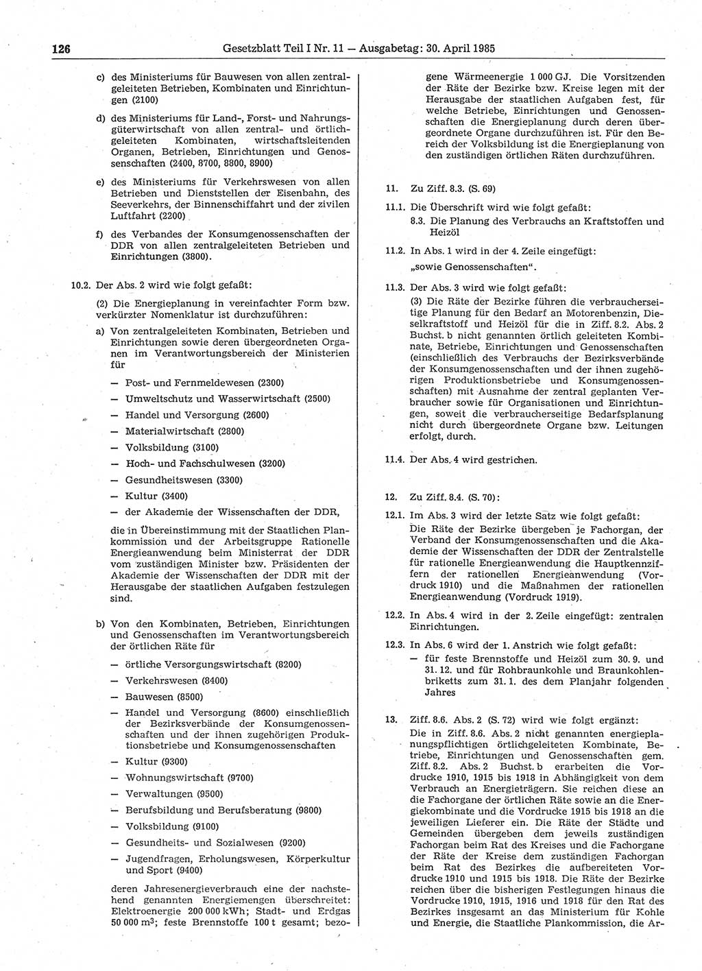 Gesetzblatt (GBl.) der Deutschen Demokratischen Republik (DDR) Teil Ⅰ 1985, Seite 126 (GBl. DDR Ⅰ 1985, S. 126)