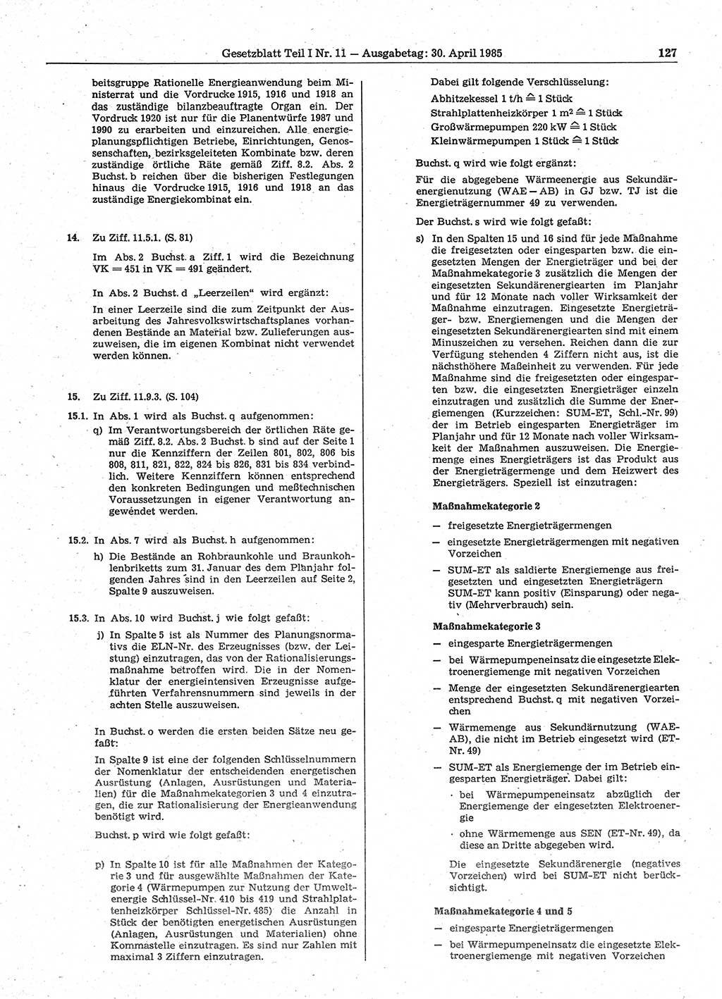 Gesetzblatt (GBl.) der Deutschen Demokratischen Republik (DDR) Teil Ⅰ 1985, Seite 127 (GBl. DDR Ⅰ 1985, S. 127)
