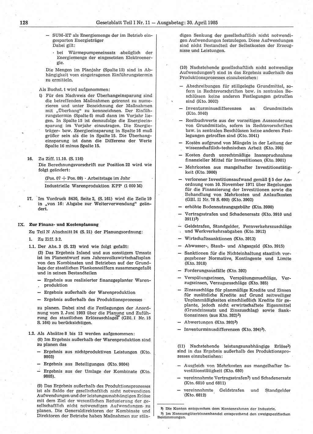 Gesetzblatt (GBl.) der Deutschen Demokratischen Republik (DDR) Teil Ⅰ 1985, Seite 128 (GBl. DDR Ⅰ 1985, S. 128)