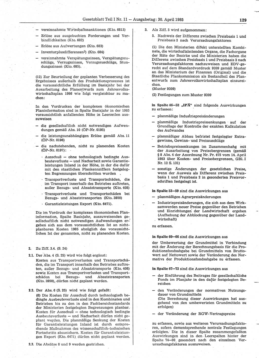 Gesetzblatt (GBl.) der Deutschen Demokratischen Republik (DDR) Teil Ⅰ 1985, Seite 129 (GBl. DDR Ⅰ 1985, S. 129)
