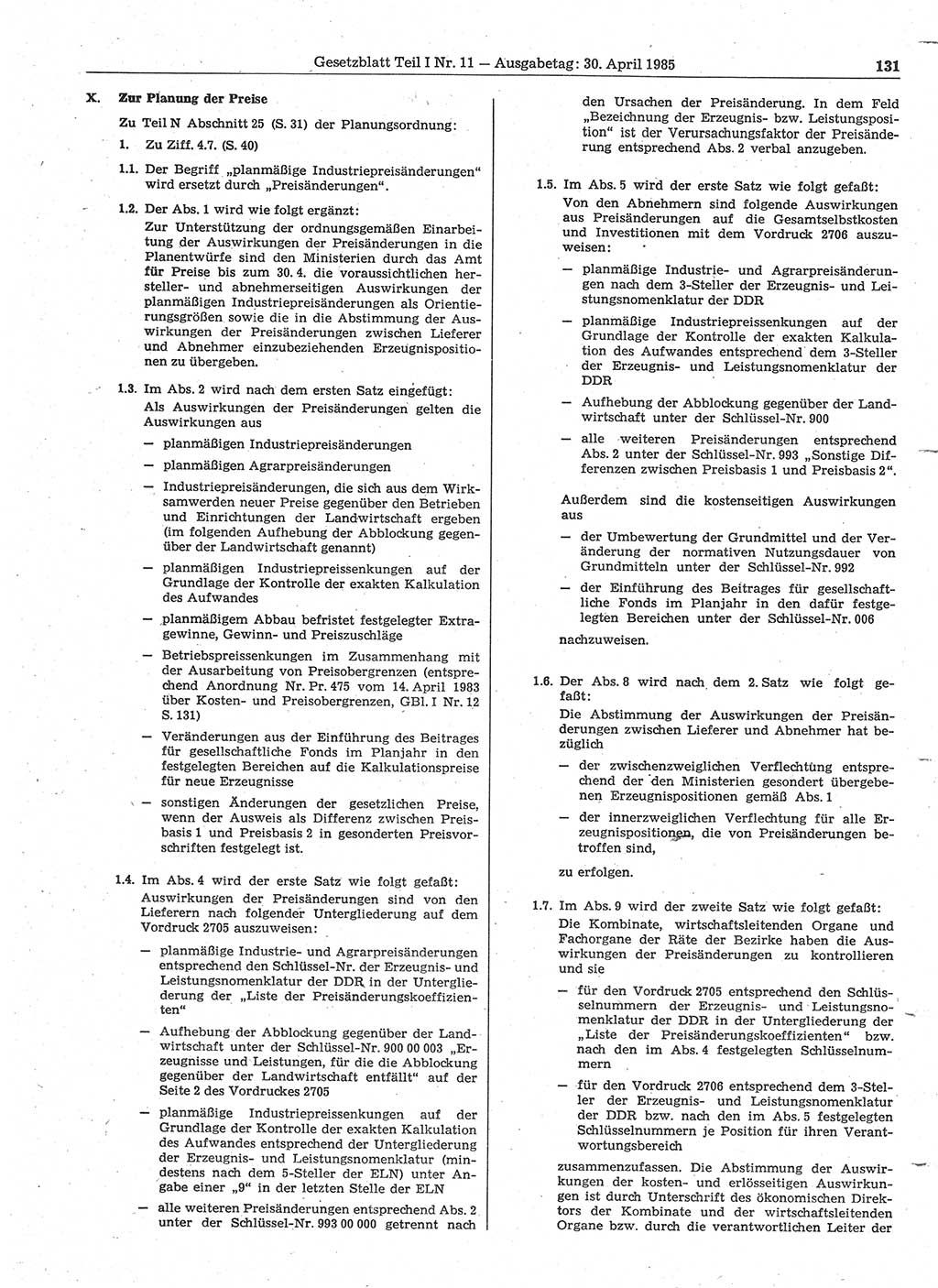 Gesetzblatt (GBl.) der Deutschen Demokratischen Republik (DDR) Teil Ⅰ 1985, Seite 131 (GBl. DDR Ⅰ 1985, S. 131)