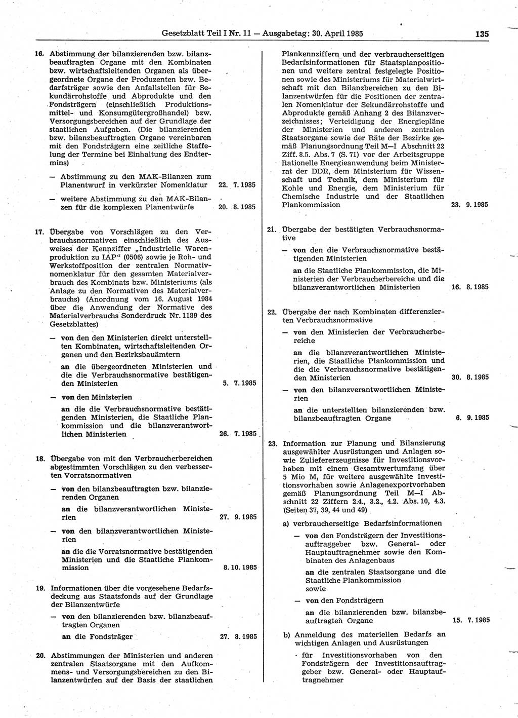 Gesetzblatt (GBl.) der Deutschen Demokratischen Republik (DDR) Teil Ⅰ 1985, Seite 135 (GBl. DDR Ⅰ 1985, S. 135)