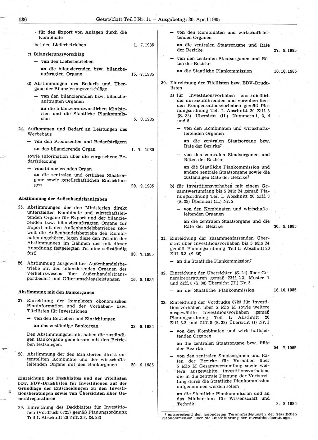 Gesetzblatt (GBl.) der Deutschen Demokratischen Republik (DDR) Teil Ⅰ 1985, Seite 136 (GBl. DDR Ⅰ 1985, S. 136)