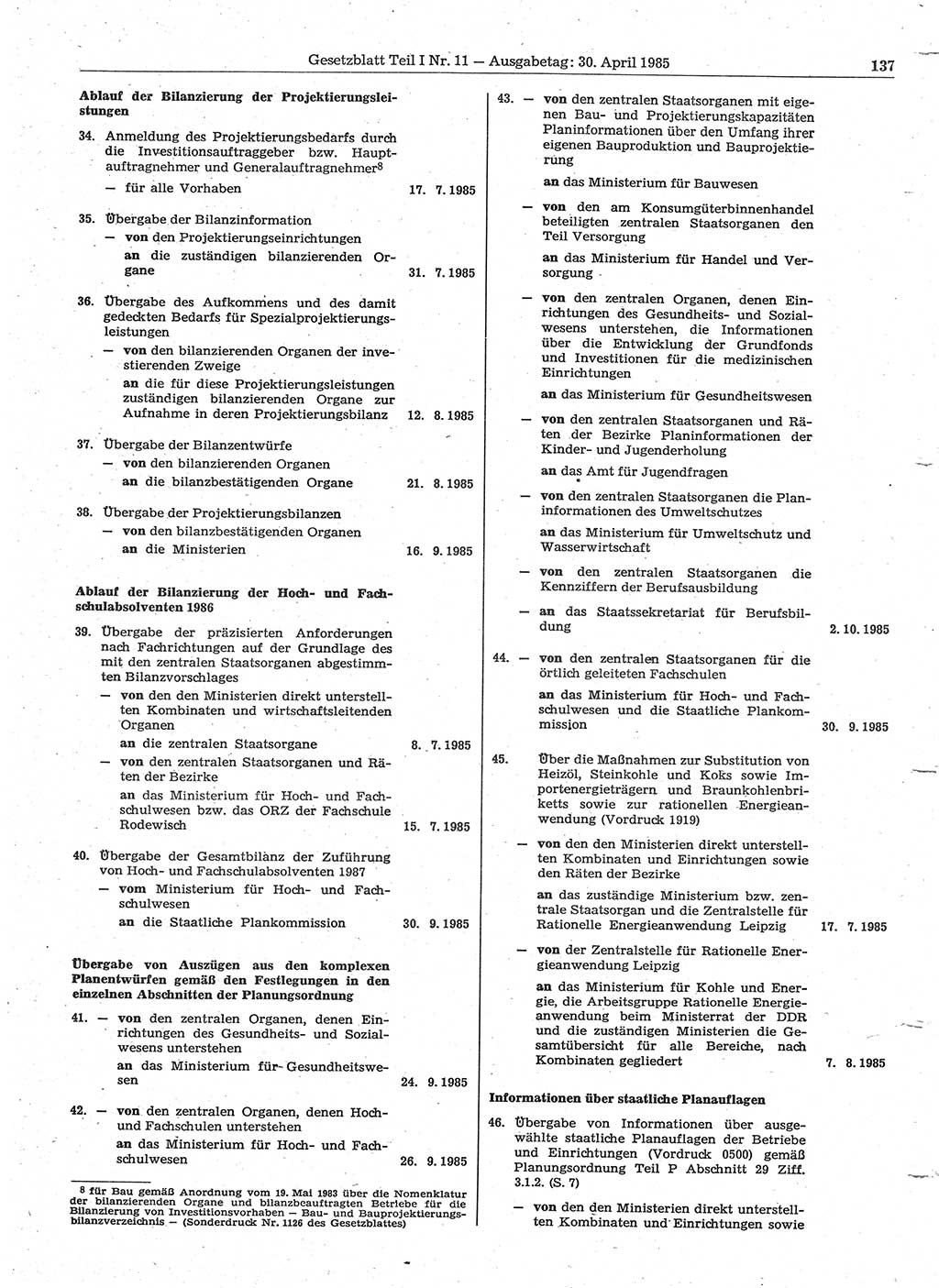 Gesetzblatt (GBl.) der Deutschen Demokratischen Republik (DDR) Teil Ⅰ 1985, Seite 137 (GBl. DDR Ⅰ 1985, S. 137)
