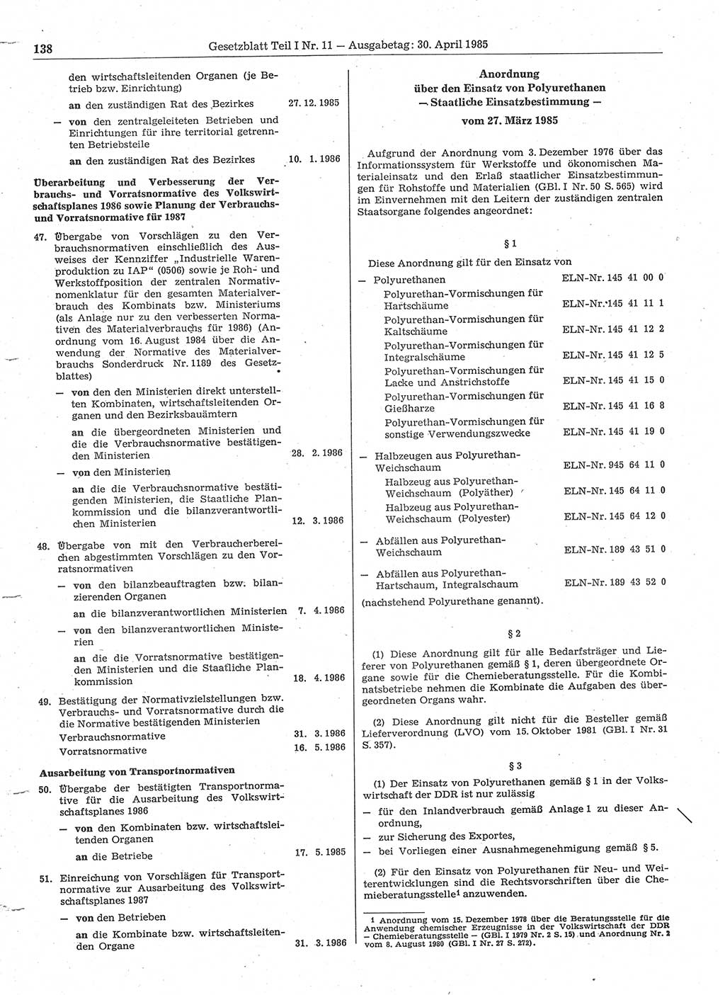 Gesetzblatt (GBl.) der Deutschen Demokratischen Republik (DDR) Teil Ⅰ 1985, Seite 138 (GBl. DDR Ⅰ 1985, S. 138)