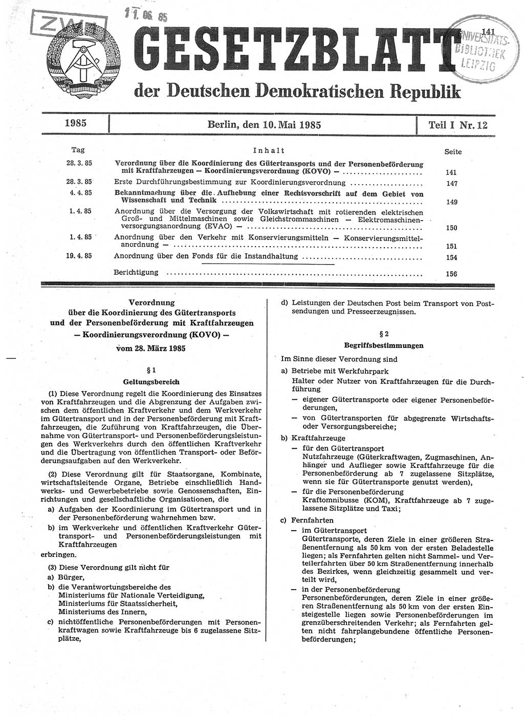 Gesetzblatt (GBl.) der Deutschen Demokratischen Republik (DDR) Teil Ⅰ 1985, Seite 141 (GBl. DDR Ⅰ 1985, S. 141)