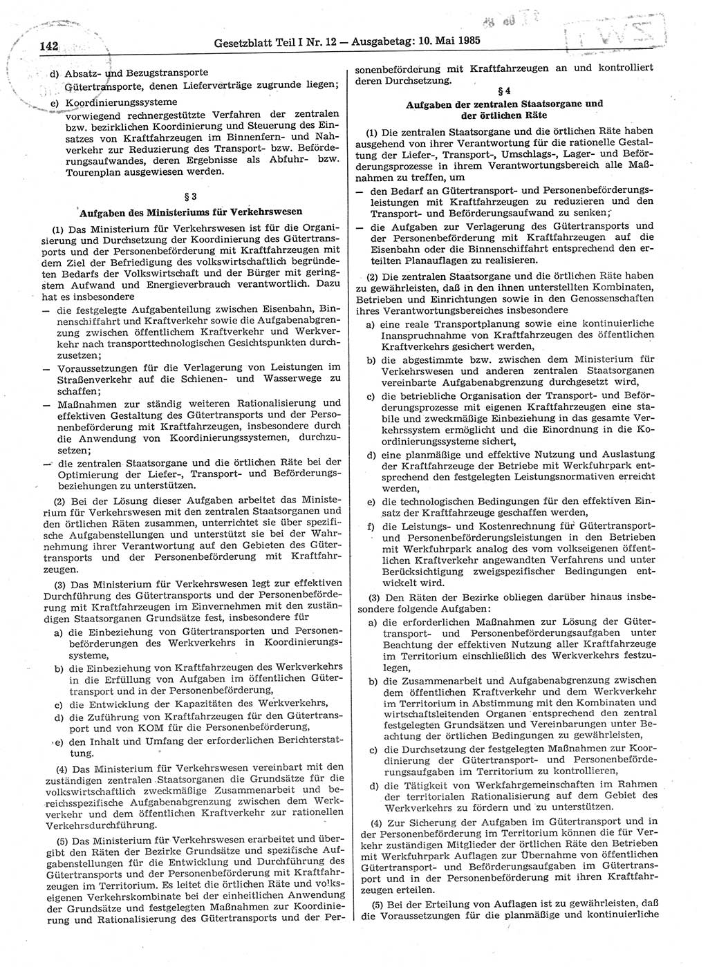 Gesetzblatt (GBl.) der Deutschen Demokratischen Republik (DDR) Teil Ⅰ 1985, Seite 142 (GBl. DDR Ⅰ 1985, S. 142)