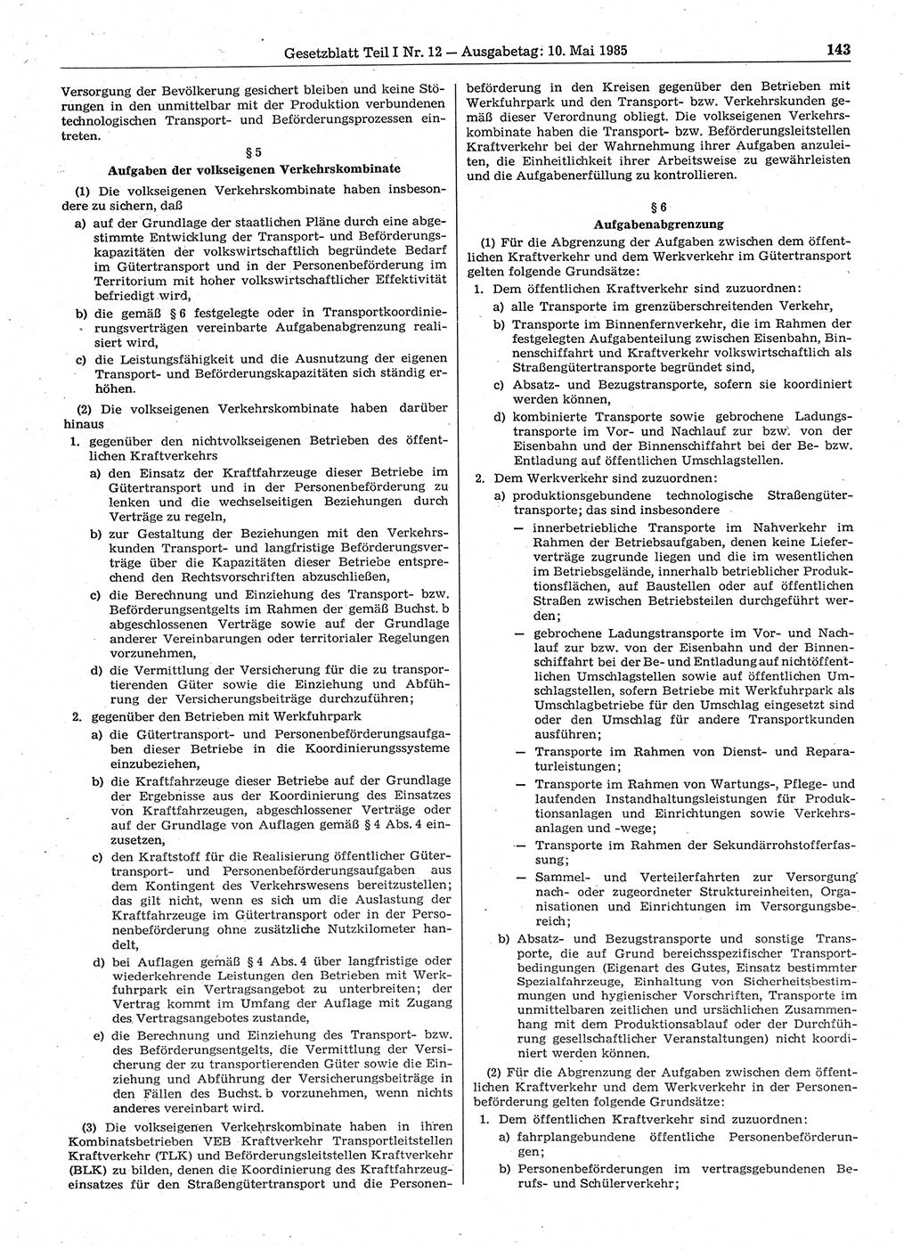 Gesetzblatt (GBl.) der Deutschen Demokratischen Republik (DDR) Teil Ⅰ 1985, Seite 143 (GBl. DDR Ⅰ 1985, S. 143)