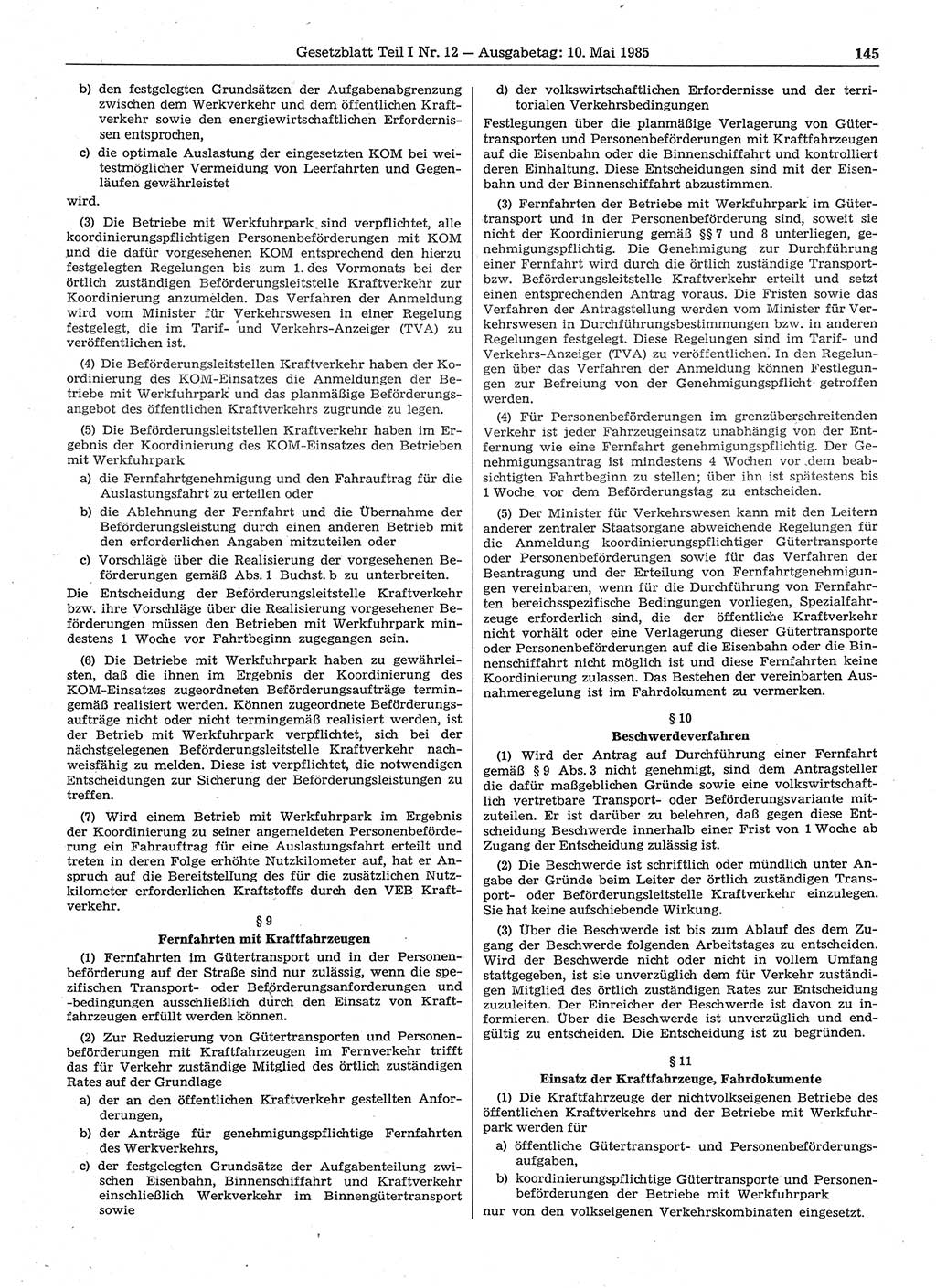 Gesetzblatt (GBl.) der Deutschen Demokratischen Republik (DDR) Teil Ⅰ 1985, Seite 145 (GBl. DDR Ⅰ 1985, S. 145)