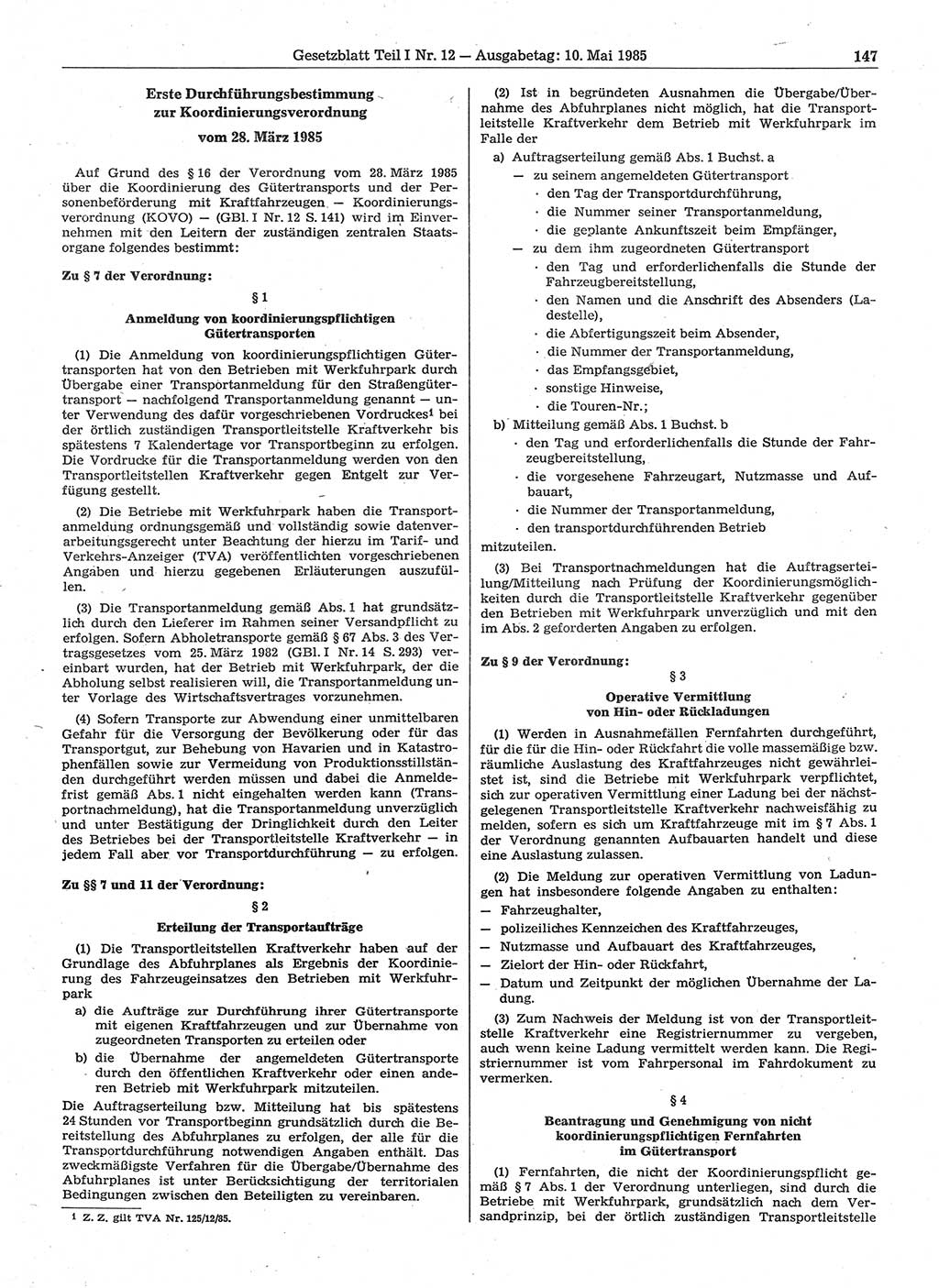 Gesetzblatt (GBl.) der Deutschen Demokratischen Republik (DDR) Teil Ⅰ 1985, Seite 147 (GBl. DDR Ⅰ 1985, S. 147)