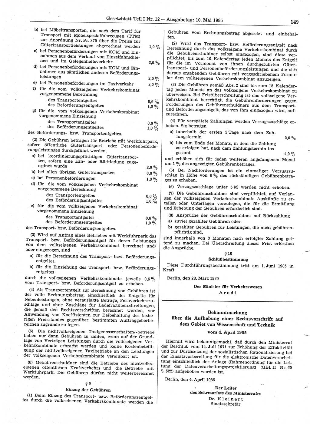 Gesetzblatt (GBl.) der Deutschen Demokratischen Republik (DDR) Teil Ⅰ 1985, Seite 149 (GBl. DDR Ⅰ 1985, S. 149)