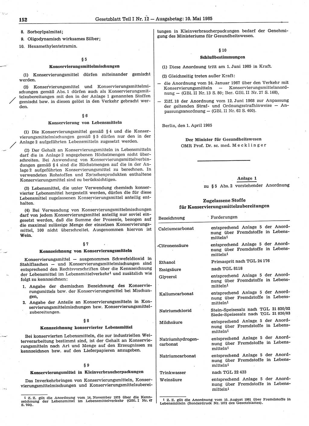 Gesetzblatt (GBl.) der Deutschen Demokratischen Republik (DDR) Teil Ⅰ 1985, Seite 152 (GBl. DDR Ⅰ 1985, S. 152)
