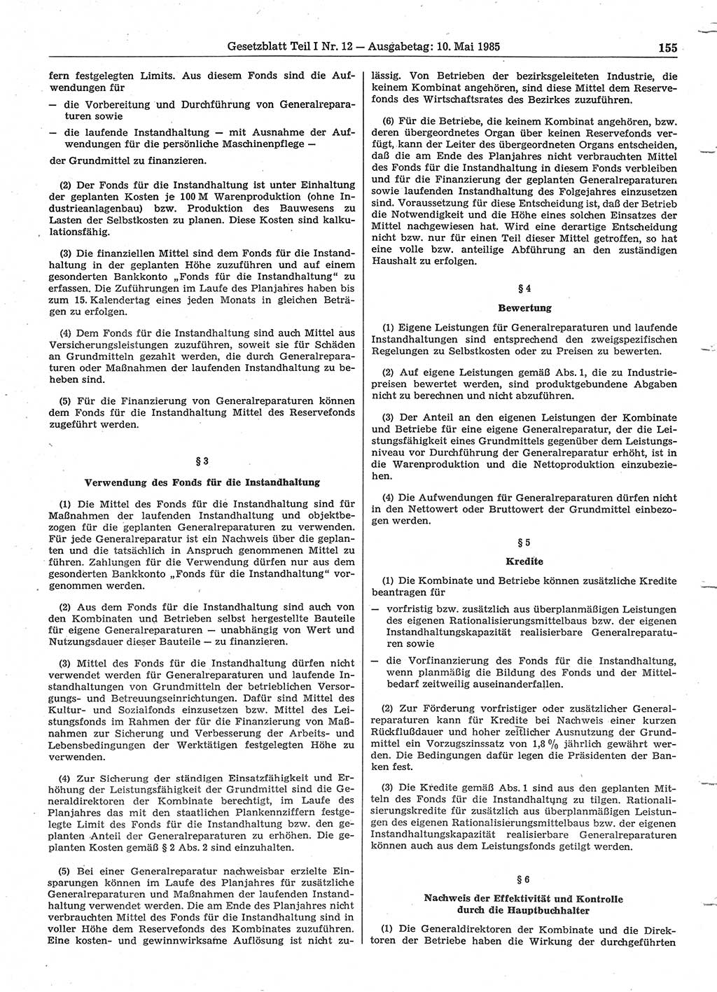 Gesetzblatt (GBl.) der Deutschen Demokratischen Republik (DDR) Teil Ⅰ 1985, Seite 155 (GBl. DDR Ⅰ 1985, S. 155)