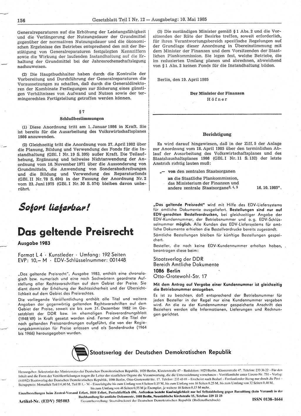 Gesetzblatt (GBl.) der Deutschen Demokratischen Republik (DDR) Teil Ⅰ 1985, Seite 156 (GBl. DDR Ⅰ 1985, S. 156)