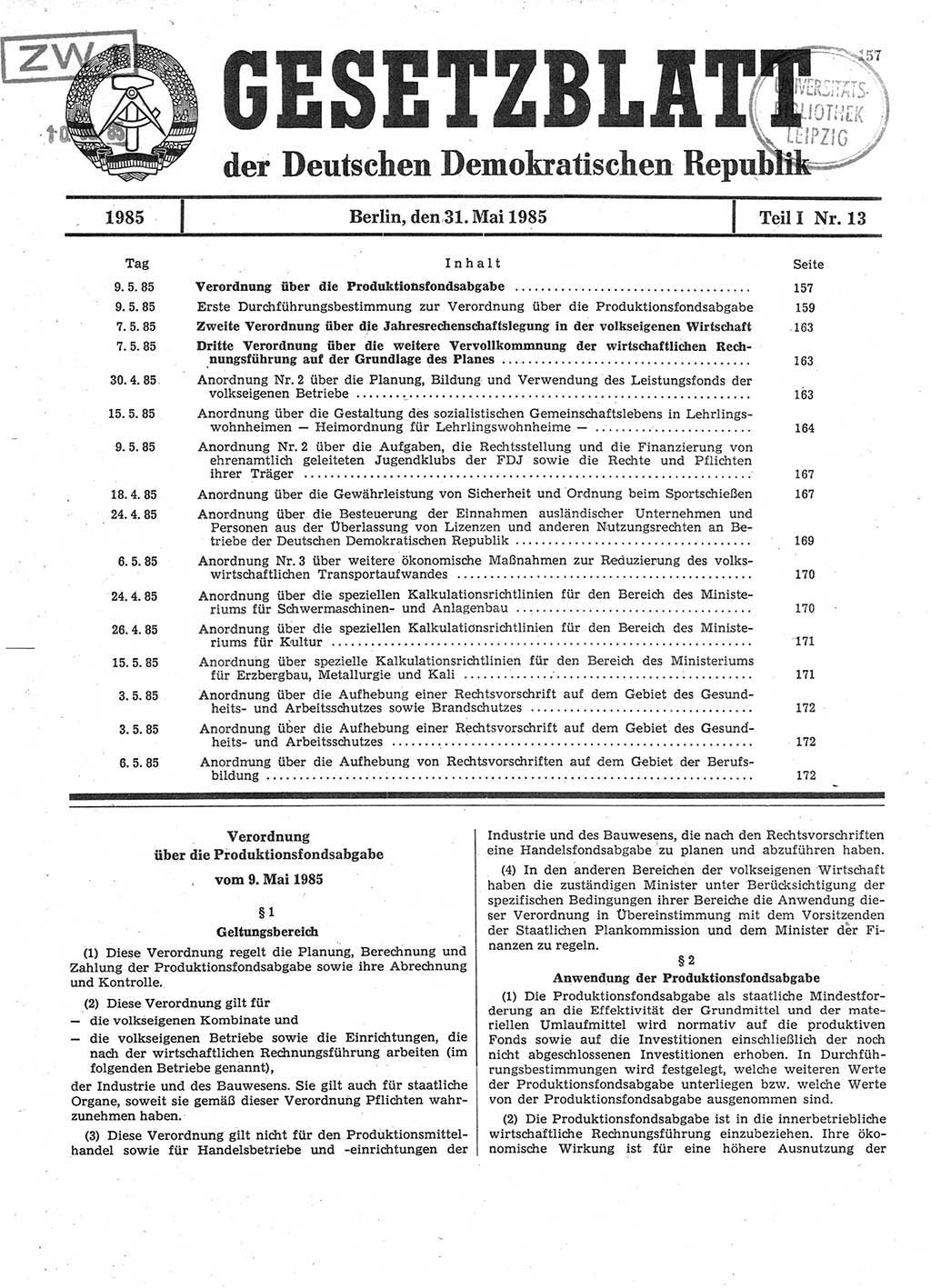 Gesetzblatt (GBl.) der Deutschen Demokratischen Republik (DDR) Teil Ⅰ 1985, Seite 157 (GBl. DDR Ⅰ 1985, S. 157)