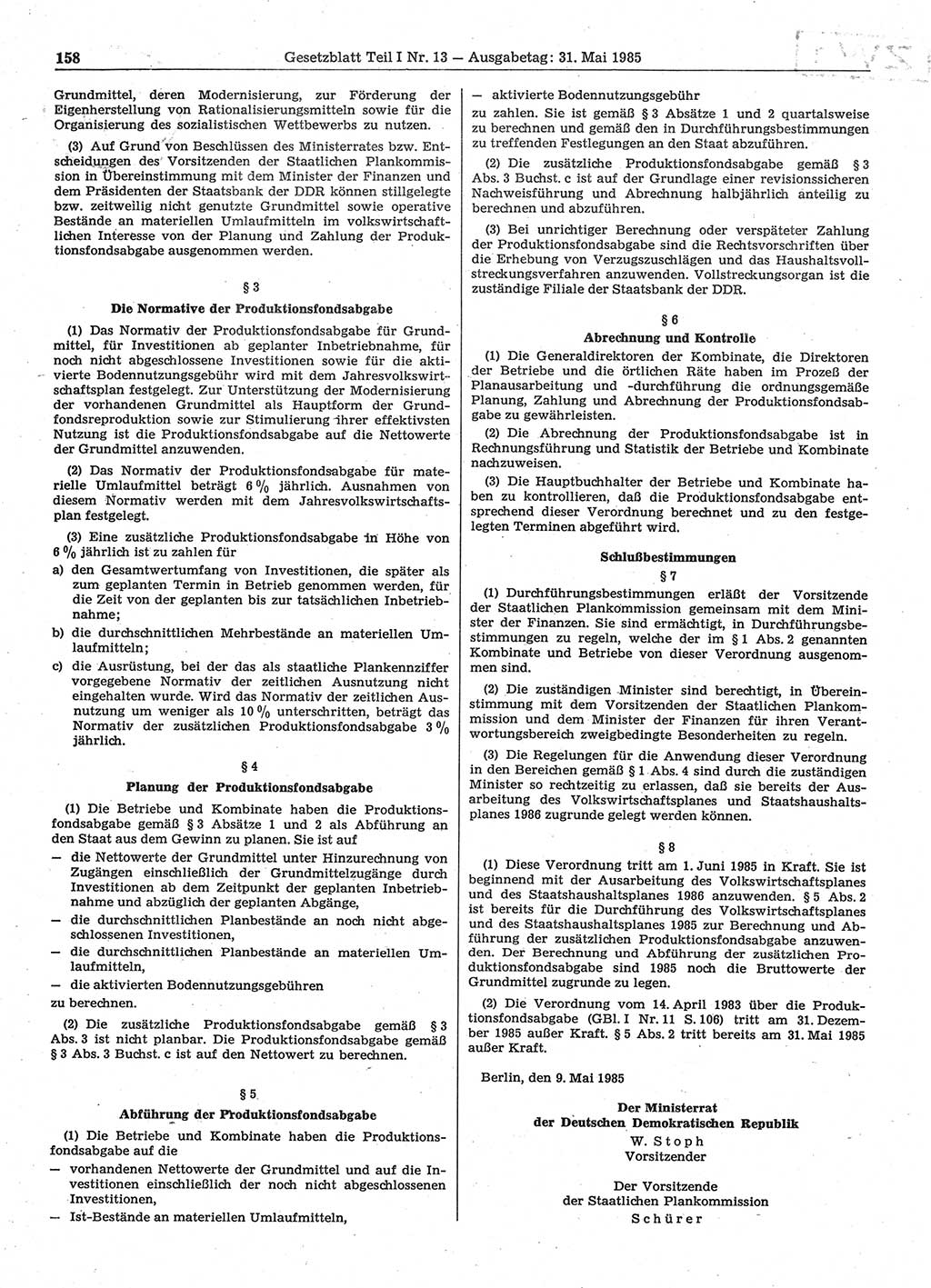 Gesetzblatt (GBl.) der Deutschen Demokratischen Republik (DDR) Teil Ⅰ 1985, Seite 158 (GBl. DDR Ⅰ 1985, S. 158)