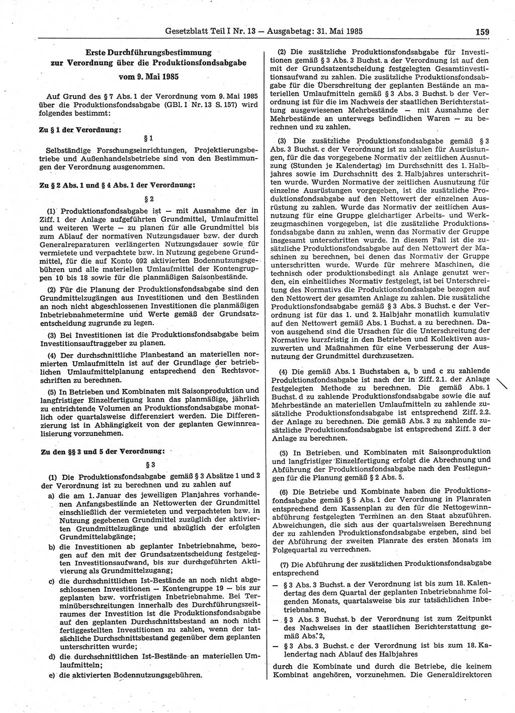 Gesetzblatt (GBl.) der Deutschen Demokratischen Republik (DDR) Teil Ⅰ 1985, Seite 159 (GBl. DDR Ⅰ 1985, S. 159)
