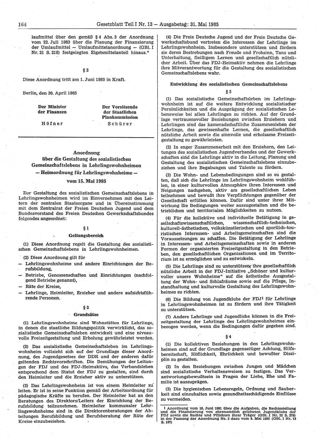 Gesetzblatt (GBl.) der Deutschen Demokratischen Republik (DDR) Teil Ⅰ 1985, Seite 164 (GBl. DDR Ⅰ 1985, S. 164)