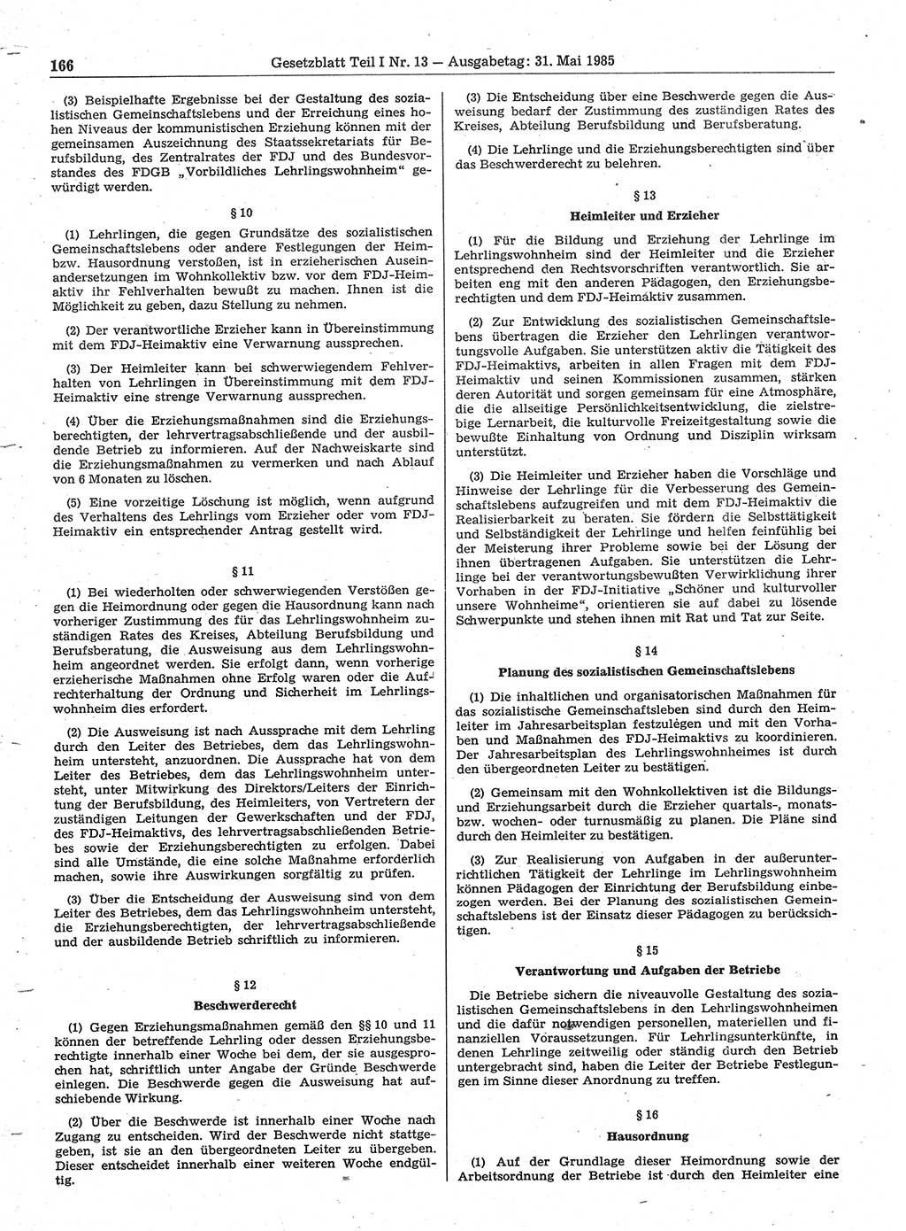 Gesetzblatt (GBl.) der Deutschen Demokratischen Republik (DDR) Teil Ⅰ 1985, Seite 166 (GBl. DDR Ⅰ 1985, S. 166)