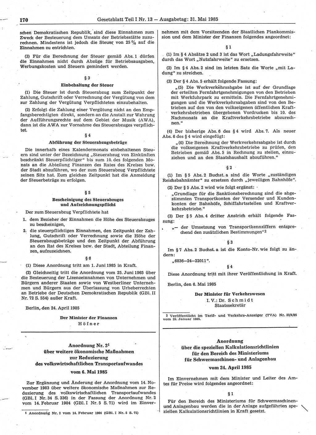 Gesetzblatt (GBl.) der Deutschen Demokratischen Republik (DDR) Teil Ⅰ 1985, Seite 170 (GBl. DDR Ⅰ 1985, S. 170)