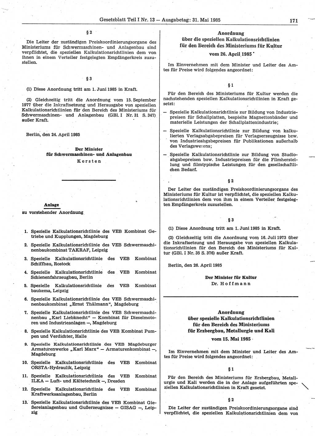 Gesetzblatt (GBl.) der Deutschen Demokratischen Republik (DDR) Teil Ⅰ 1985, Seite 171 (GBl. DDR Ⅰ 1985, S. 171)