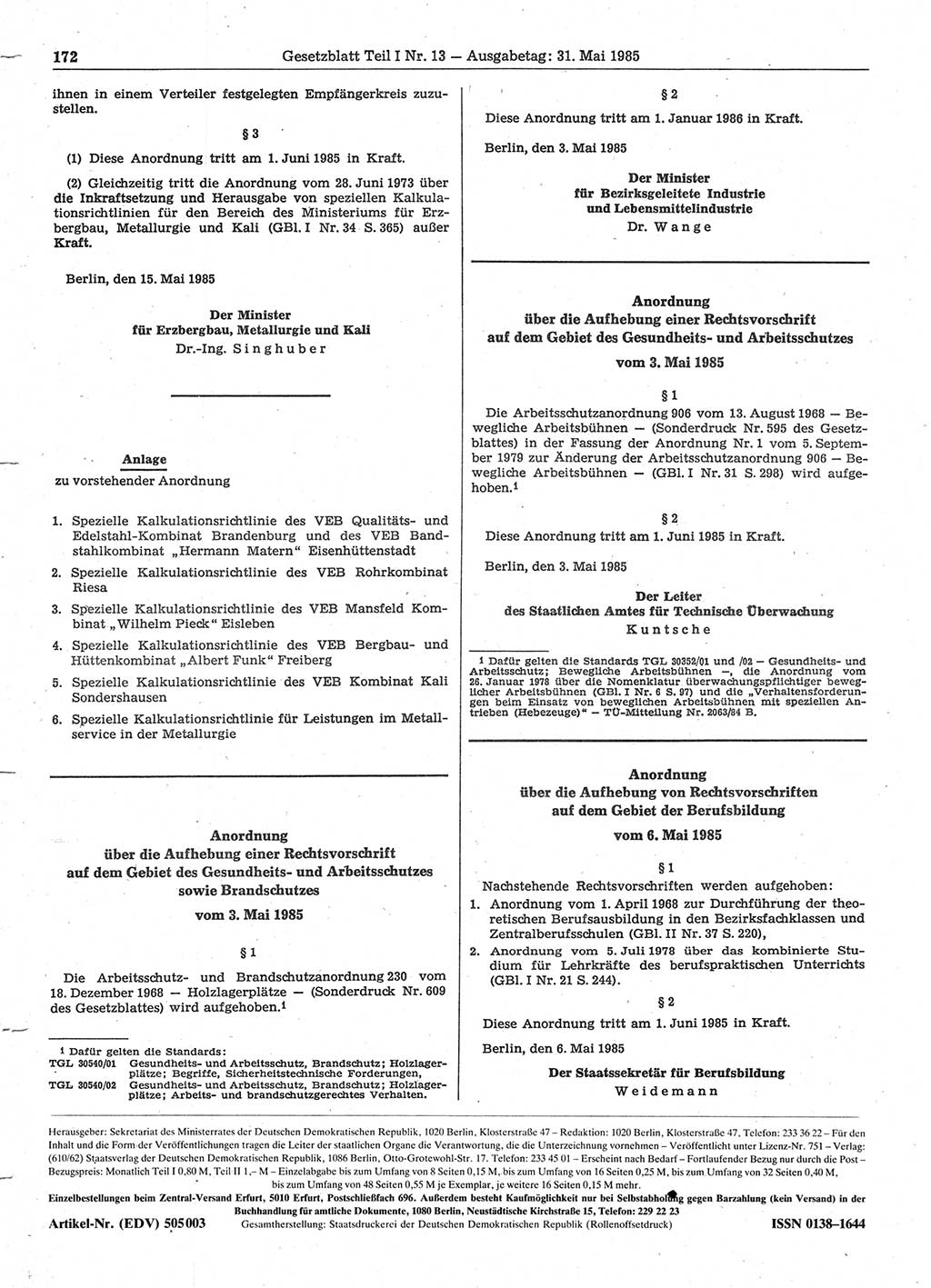 Gesetzblatt (GBl.) der Deutschen Demokratischen Republik (DDR) Teil Ⅰ 1985, Seite 172 (GBl. DDR Ⅰ 1985, S. 172)