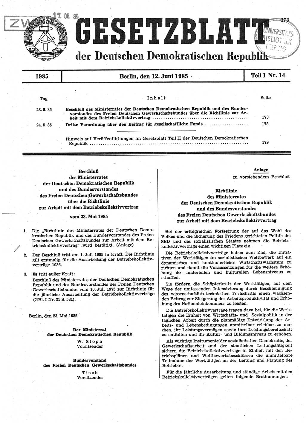 Gesetzblatt (GBl.) der Deutschen Demokratischen Republik (DDR) Teil Ⅰ 1985, Seite 173 (GBl. DDR Ⅰ 1985, S. 173)