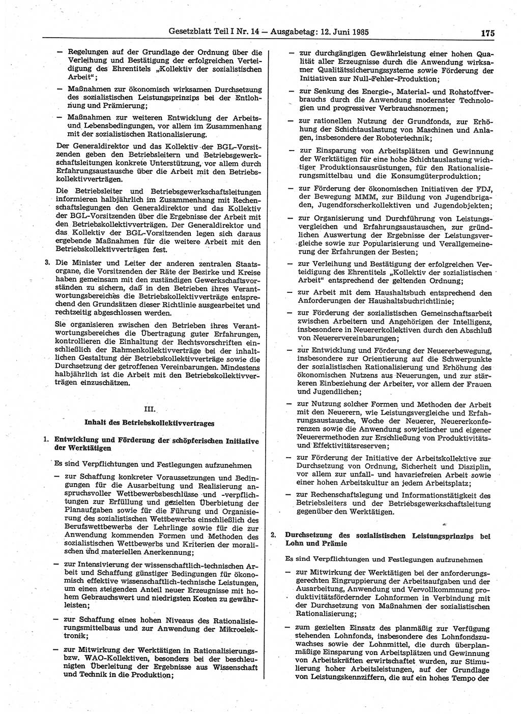 Gesetzblatt (GBl.) der Deutschen Demokratischen Republik (DDR) Teil Ⅰ 1985, Seite 175 (GBl. DDR Ⅰ 1985, S. 175)