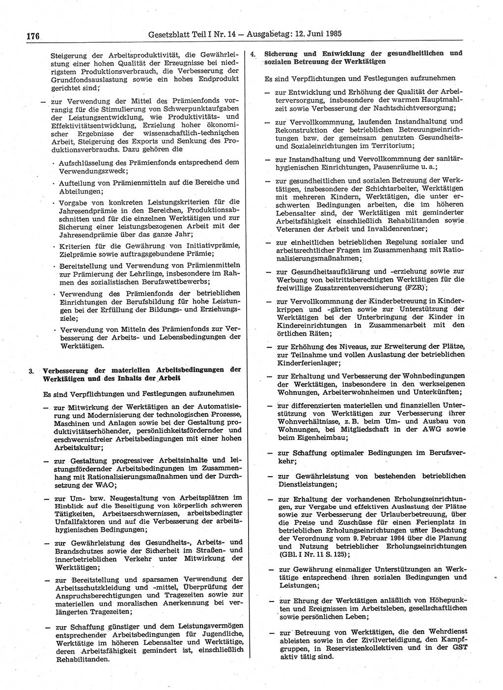 Gesetzblatt (GBl.) der Deutschen Demokratischen Republik (DDR) Teil Ⅰ 1985, Seite 176 (GBl. DDR Ⅰ 1985, S. 176)