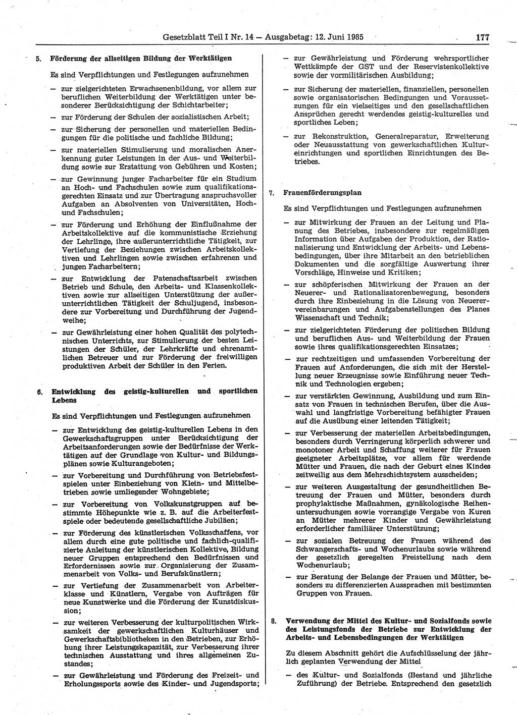 Gesetzblatt (GBl.) der Deutschen Demokratischen Republik (DDR) Teil Ⅰ 1985, Seite 177 (GBl. DDR Ⅰ 1985, S. 177)