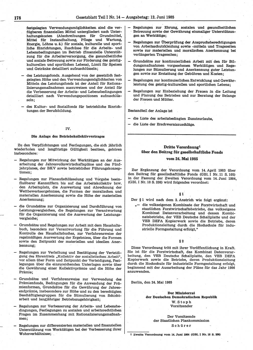 Gesetzblatt (GBl.) der Deutschen Demokratischen Republik (DDR) Teil Ⅰ 1985, Seite 178 (GBl. DDR Ⅰ 1985, S. 178)