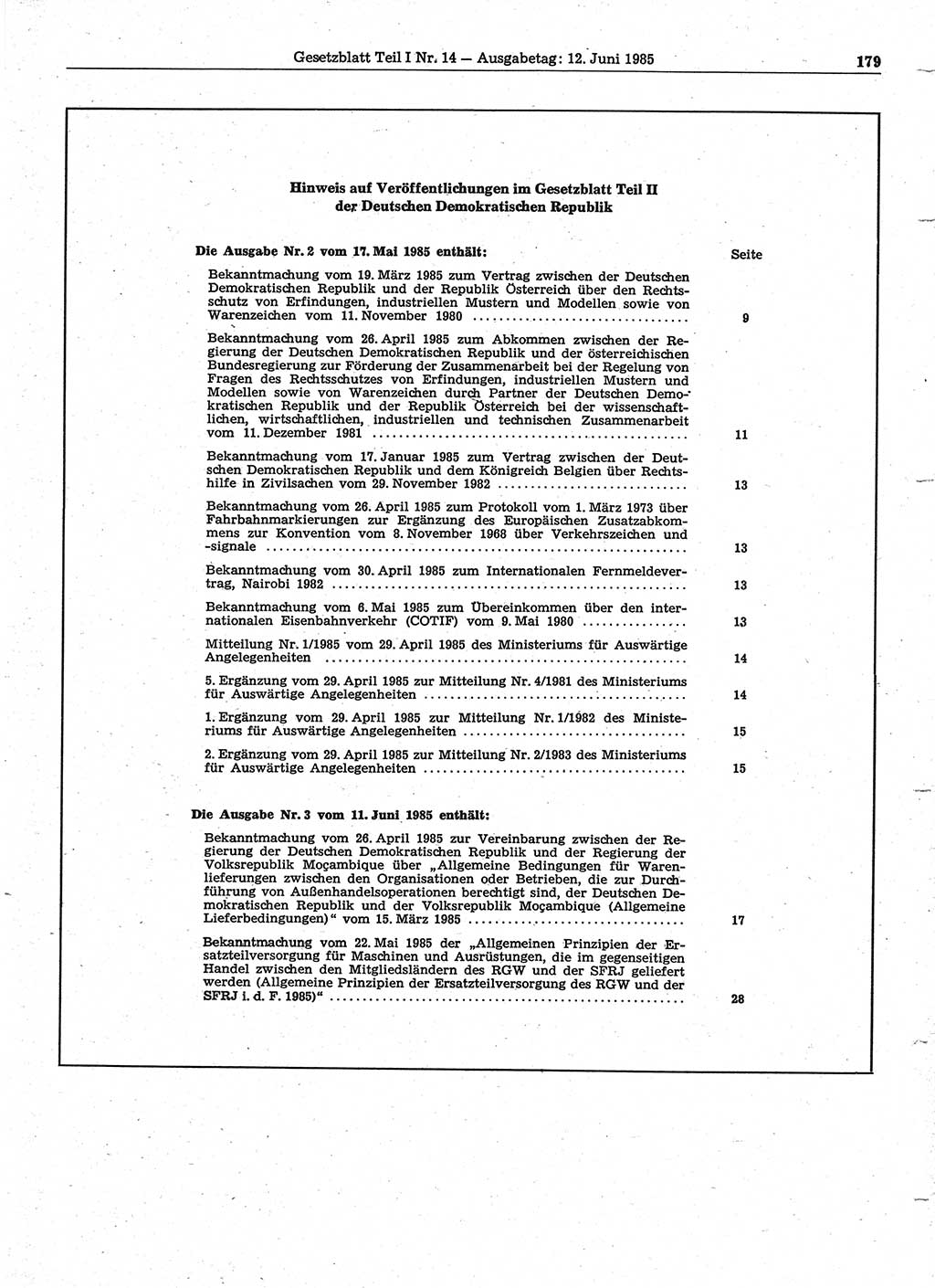 Gesetzblatt (GBl.) der Deutschen Demokratischen Republik (DDR) Teil Ⅰ 1985, Seite 179 (GBl. DDR Ⅰ 1985, S. 179)