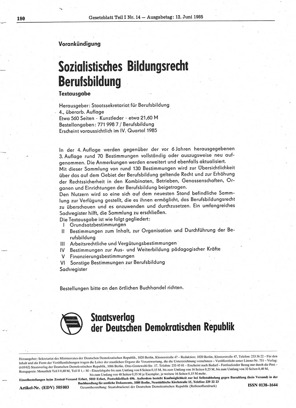 Gesetzblatt (GBl.) der Deutschen Demokratischen Republik (DDR) Teil Ⅰ 1985, Seite 180 (GBl. DDR Ⅰ 1985, S. 180)