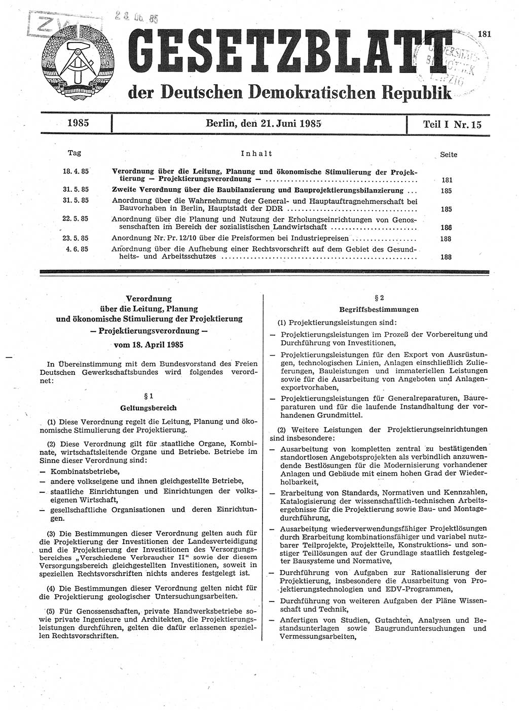 Gesetzblatt (GBl.) der Deutschen Demokratischen Republik (DDR) Teil Ⅰ 1985, Seite 181 (GBl. DDR Ⅰ 1985, S. 181)
